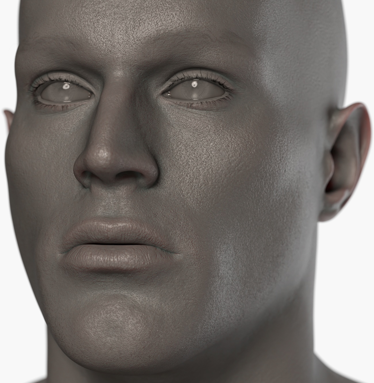 Clay render of a middle-aged male 3D head scan showing skin pore detail, wrinkles and surface topology